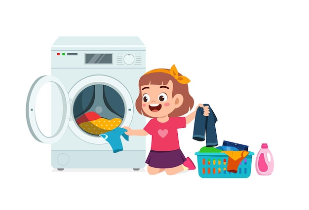 Happy cute kid do laundry with washing machine