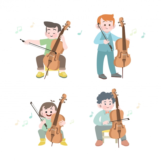 Vector happy cute kid play music cello vector illustration set