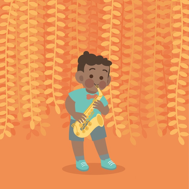 Happy cute kid play saxophone music vector illustration