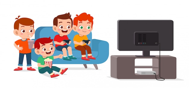 Vector happy cute kid play video game together