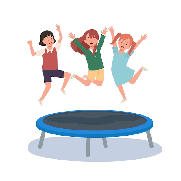 Vector happy cute kid smile jump on trampoline flat vector cartoon illustration