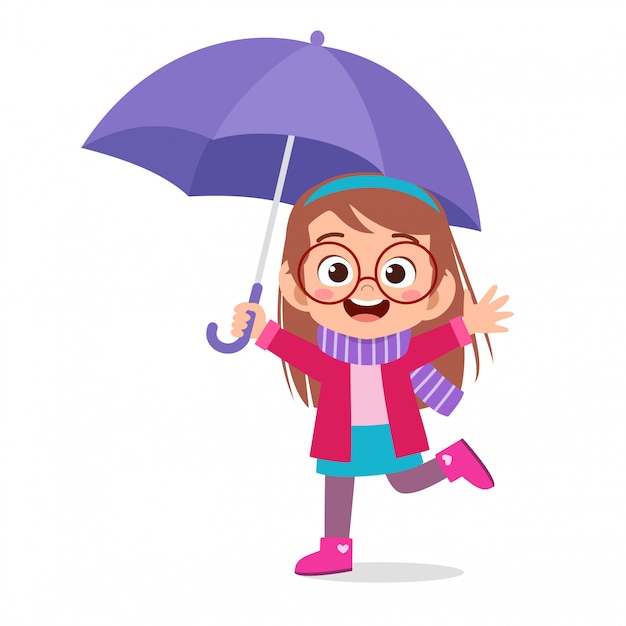 Happy cute kid use umbrella rain day