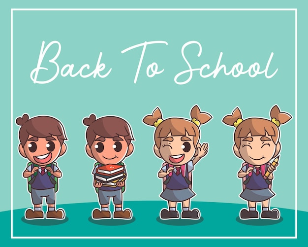 Happy cute kids boy and girl cute character, back to school