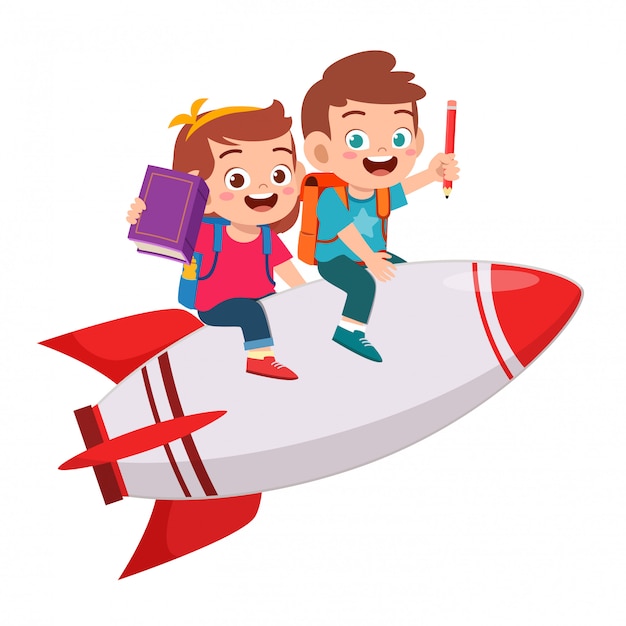 Счастливые милые дети мальчик и девочка катаются на ракете