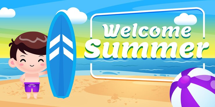 Vector 夏の挨拶バナーとサーフボードを保持している幸せなかわいい子供たち