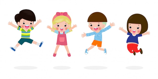 친구와 함께 점프 행복 귀여운 아이, 어린이의 집합 흰색 배경 일러스트 레이 션에 고립