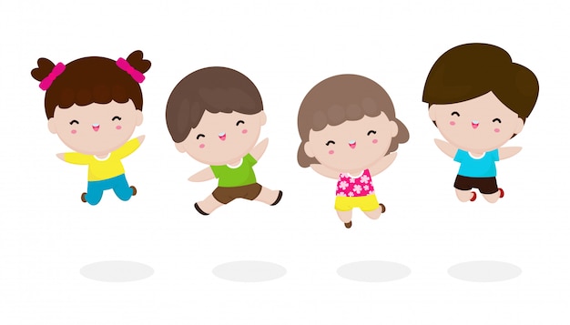 친구와 함께 점프 행복 귀여운 아이, 흰색 배경에 고립 된 어린이 세트