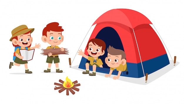 Vector happy cute kids outdoor camp summer holiday