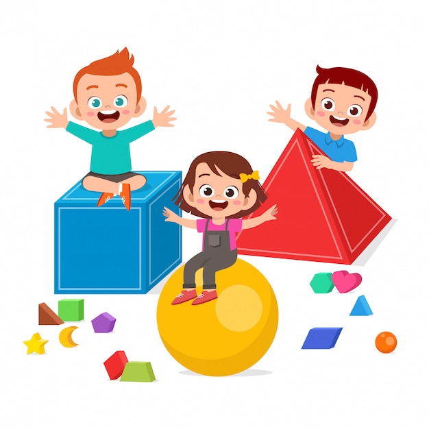 Happy cute kids play learn 3d geometry