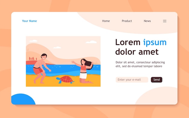 happy cute kids playing with turtle on beach landing page
