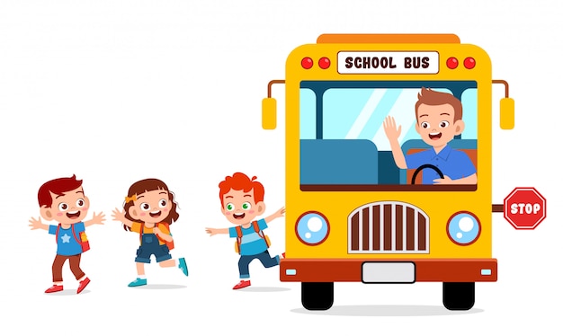 Happy cute kids ride bus from school