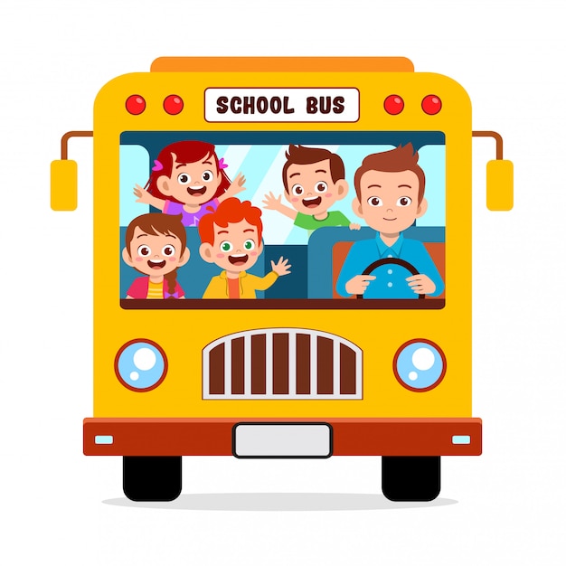 Vector happy cute kids ride school bus together