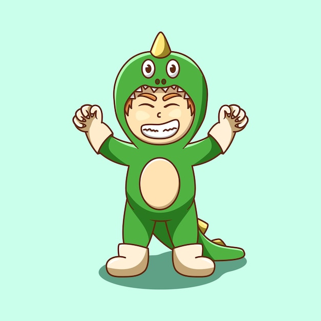 Happy cute kids roar wearing dinosaur costume cartoon vector illustration cartoon style isolated