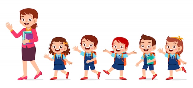 Vector happy cute kids smile with teacher together