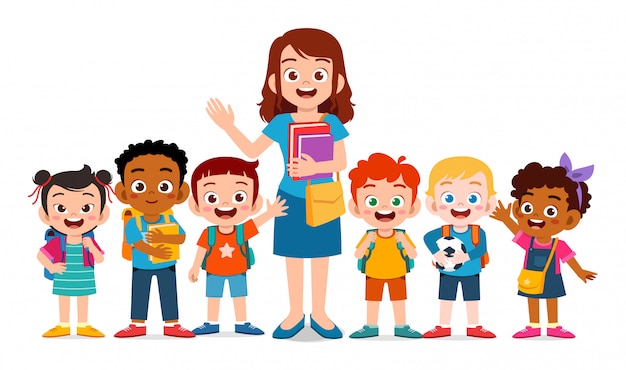 Vector happy cute kids smile with teacher together