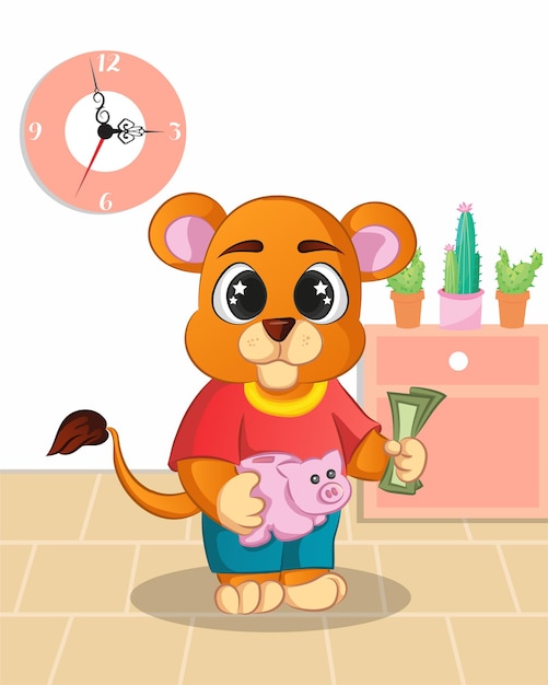 Happy cute lion holding piggy bank. Vector Illustration Of Kid Saving Money