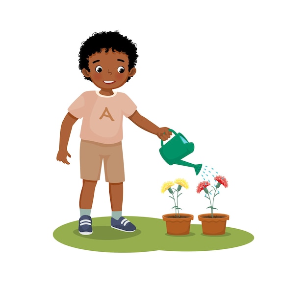 Happy cute little african boy watering plant flowers in the pot with watering can in the garden