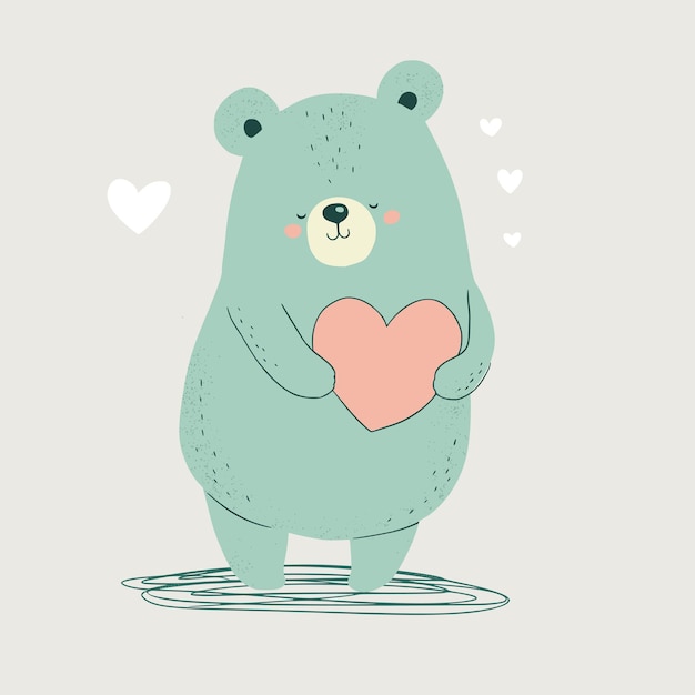 Happy cute little bear funny character with heart