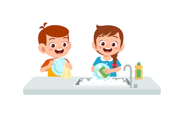 Happy cute little boy and girl washing dish together