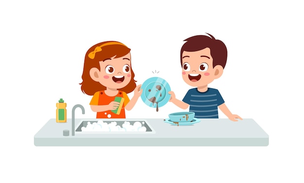 Happy cute little boy and girl washing dish together