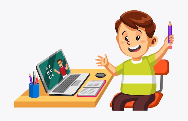happy cute little boy do online school with laptop connect to internet