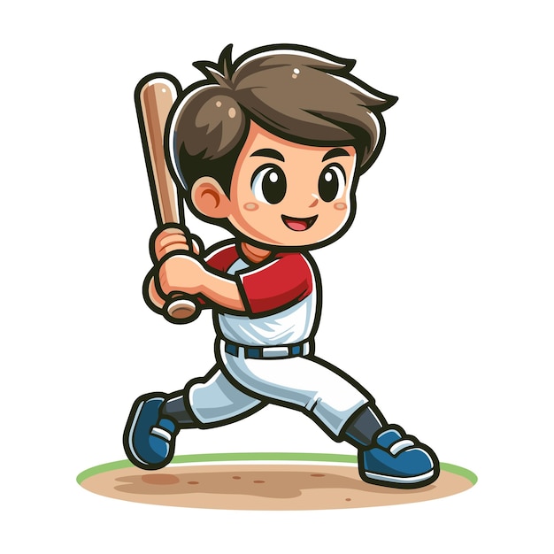 Счастливый милый мальчик играет в бейсбол в мультфильме.
