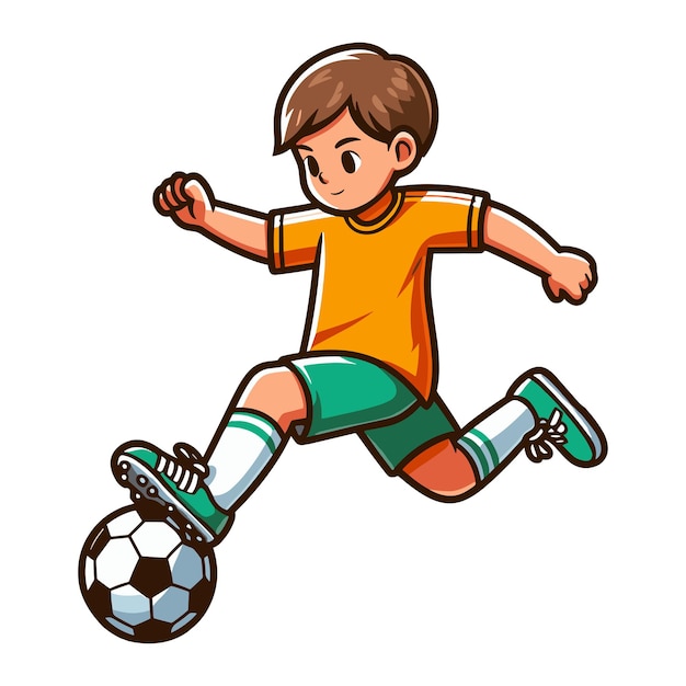 Vector happy cute little boy playing soccer football game in action cartoon vector illustration