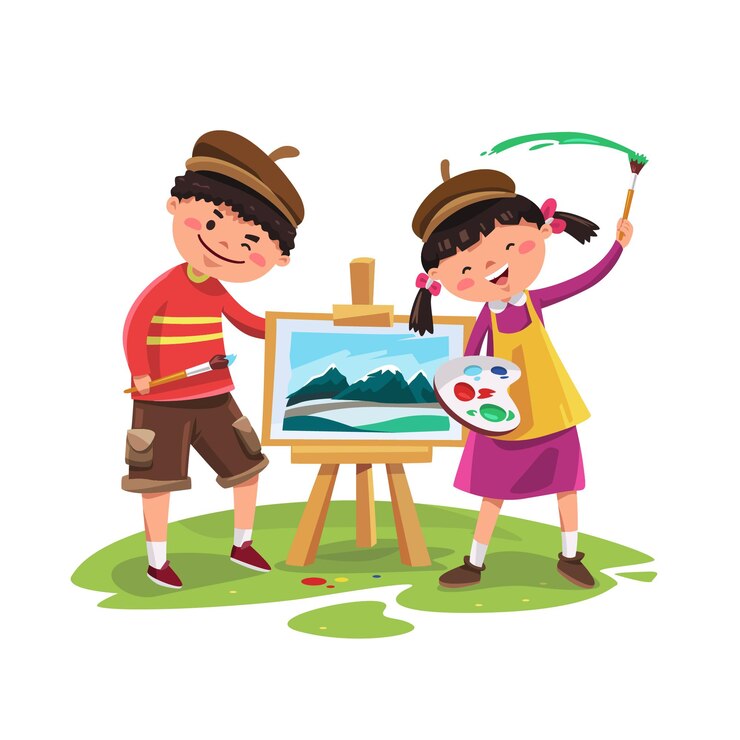 幸せでかわいい男の子と女の子がキャンバスに描く