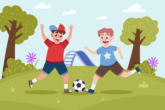 Vector happy cute little boys playing soccer