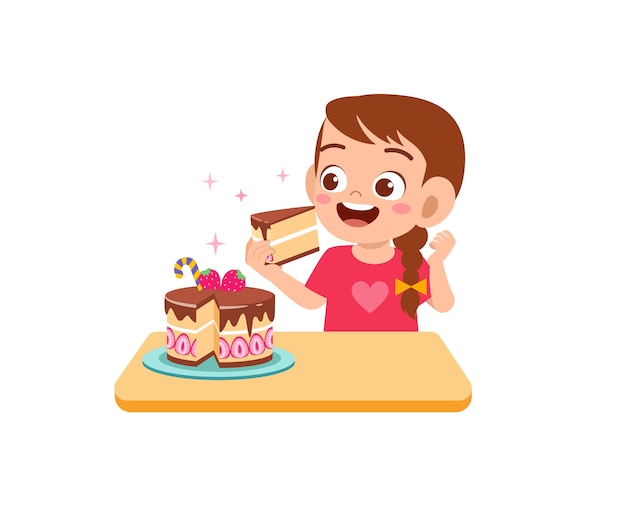 Vector happy cute little girl eat a birthday cake