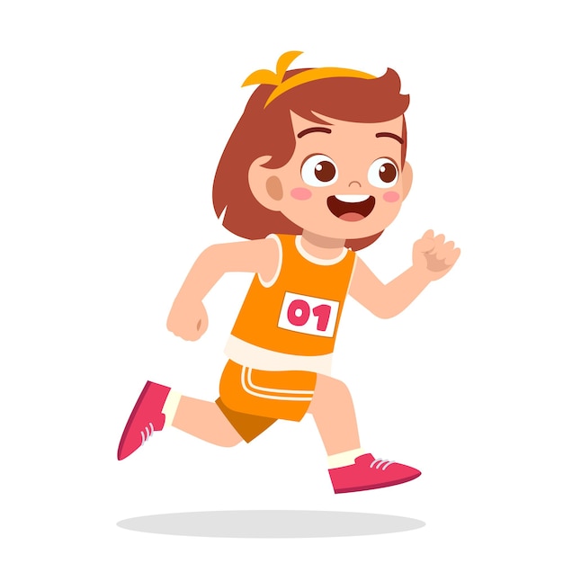 Bambina carina felice che corre nel gioco della maratona