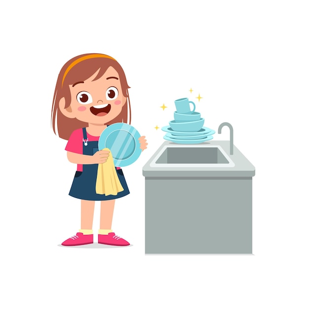 Happy cute little girl washing dish in the kitchen