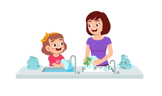 Vector happy cute little girl washing dish with mother