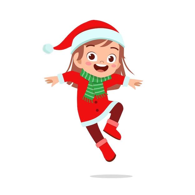 赤いクリスマスの衣装とジャンプを身に着けている幸せなかわいい小さな子供の男の子と女の子