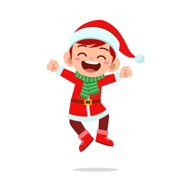 赤いクリスマスの衣装とジャンプを身に着けている幸せなかわいい小さな子供の男の子と女の子