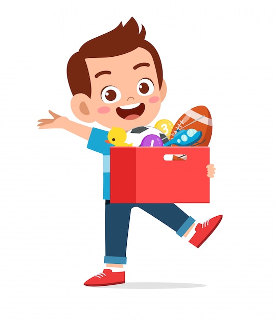 Happy cute little kid boy carry box of toys