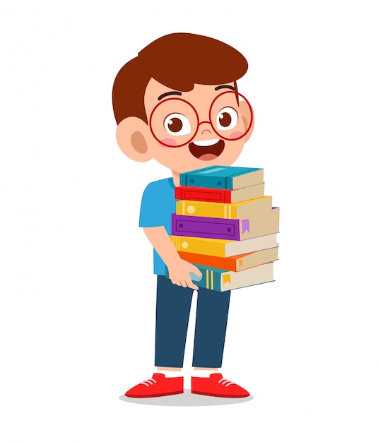 Vector happy cute little kid boy carry pile of books