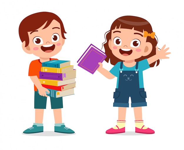 Vector happy cute little kid boy and girl carry pile of books