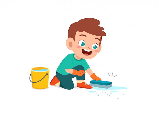 Vector happy cute little kid boy and girl do chores cleaning floor