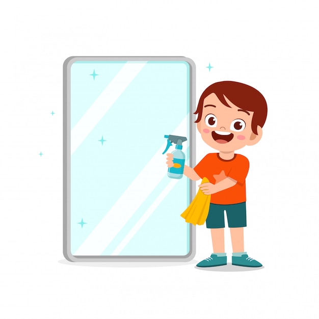 Happy cute little kid boy and girl do chores cleaning mirror