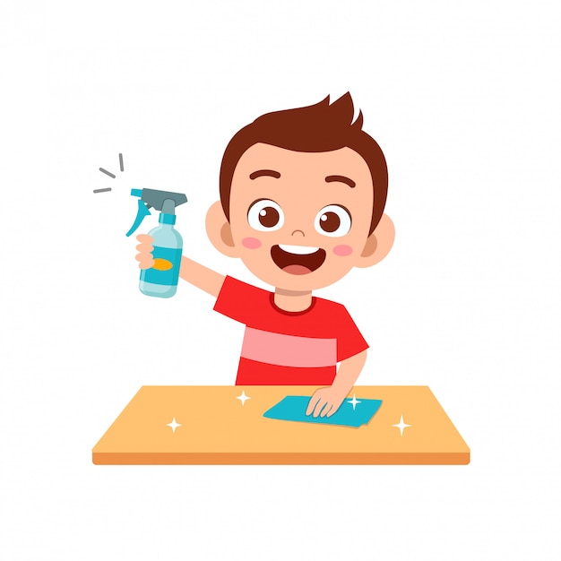 Happy cute little kid boy and girl do chores cleaning table