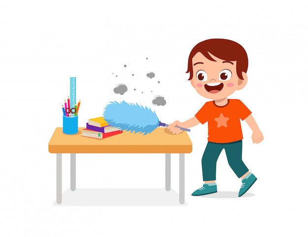 Happy cute little kid boy and girl do chores cleaning table