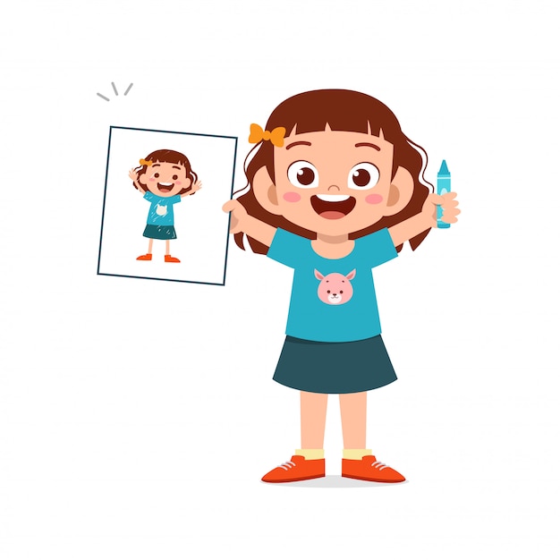 Vector happy cute little kid boy and girl draw with crayon on paper