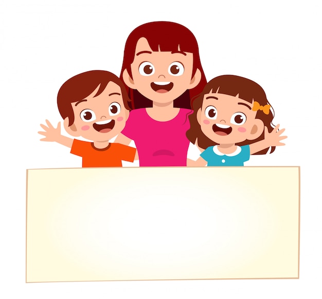 Happy cute little kid boy and girl and mom with blank board