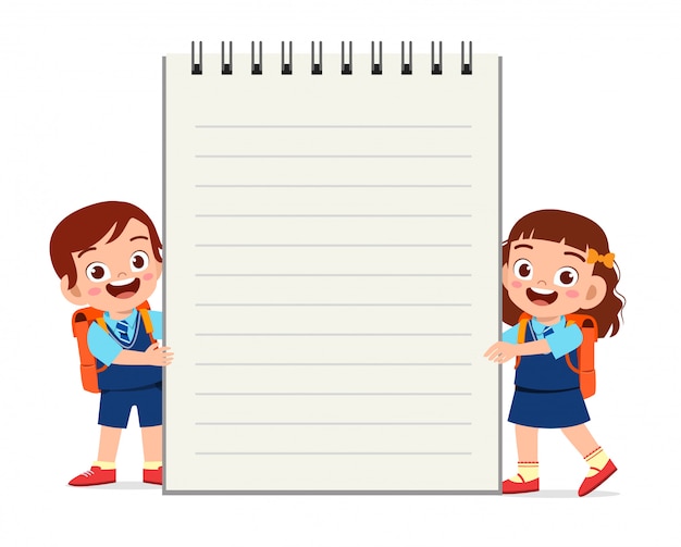 Happy cute little kid boy and girl notebook