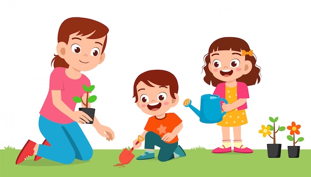 Happy cute little kid boy and girl plant flower with mom