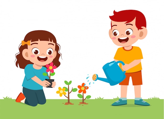 Happy cute little kid boy and girl plant flower