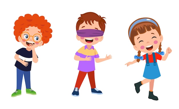 Vector happy cute little kid boy and girl play tag blindfolded