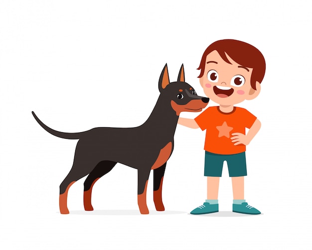Vector happy cute little kid boy girl play with pet dog