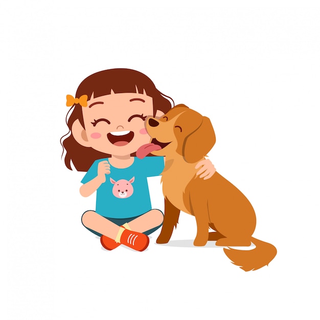 Happy cute little kid boy girl play with pet dog